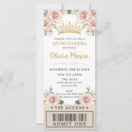 Invitación Billete VIP de Champagne Gold Rubor Floral Quincea