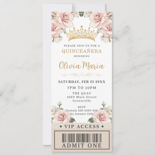 Invitación Billete VIP de Champagne Gold Rubor Floral Quincea (Anverso)