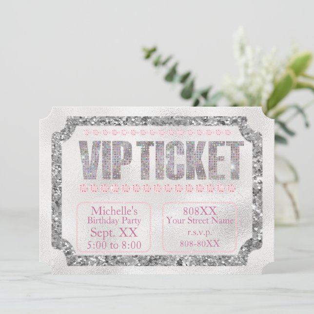 Invitación Billete VIP de diamantes de plata y rosa (Anverso de pie)