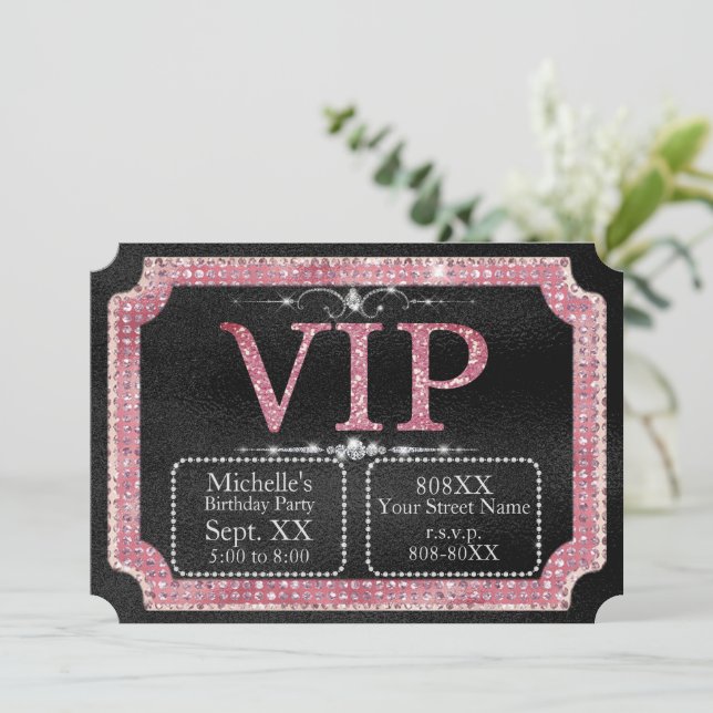 Invitación Billete VIP de diamantes negros y rosados (Anverso de pie)