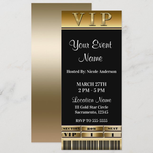 Invitación Billete VIP de Fiesta de Cena elegante dorado y ne (Anverso / Reverso)