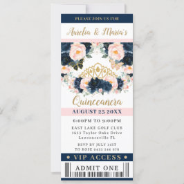 Invitación Billete VIP de la Marina Blue Rubor Pink Floral Qu