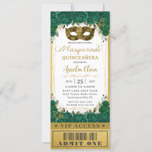 Invitación Billete VIP de la mascarada de la floral esmeralda