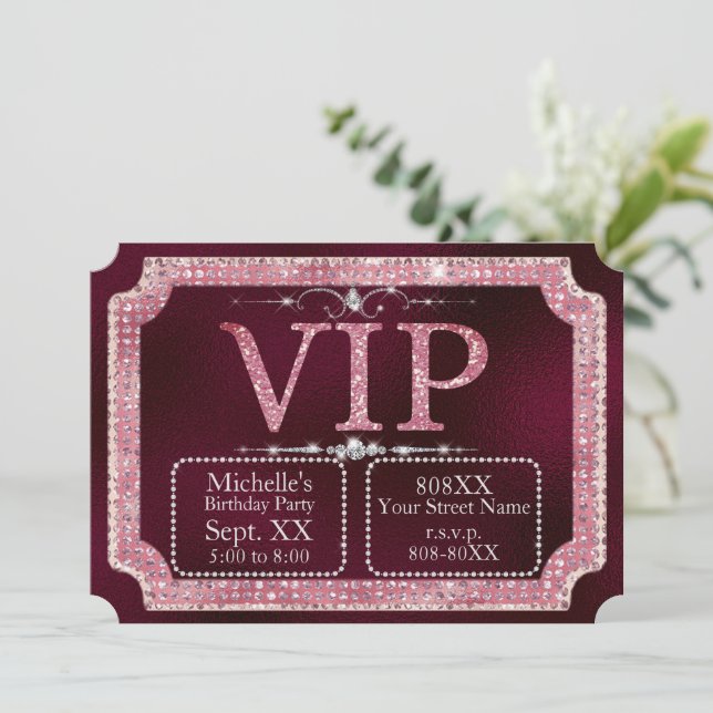 Invitación Billete VIP de Purpurina de diamantes rosados y do (Anverso de pie)