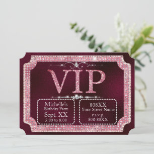 Invitación Billete VIP de Purpurina de diamantes rosados y do
