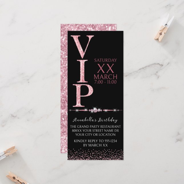 Invitación Billete VIP de Purpurina negro y rosa (Anverso/Reverso In Situ)