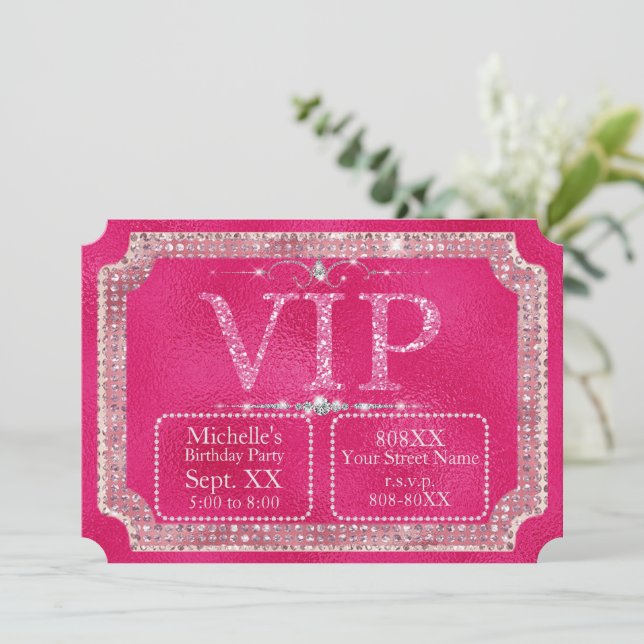 Invitación Billete VIP de Purpurina y diamantes rosados calie (Anverso de pie)