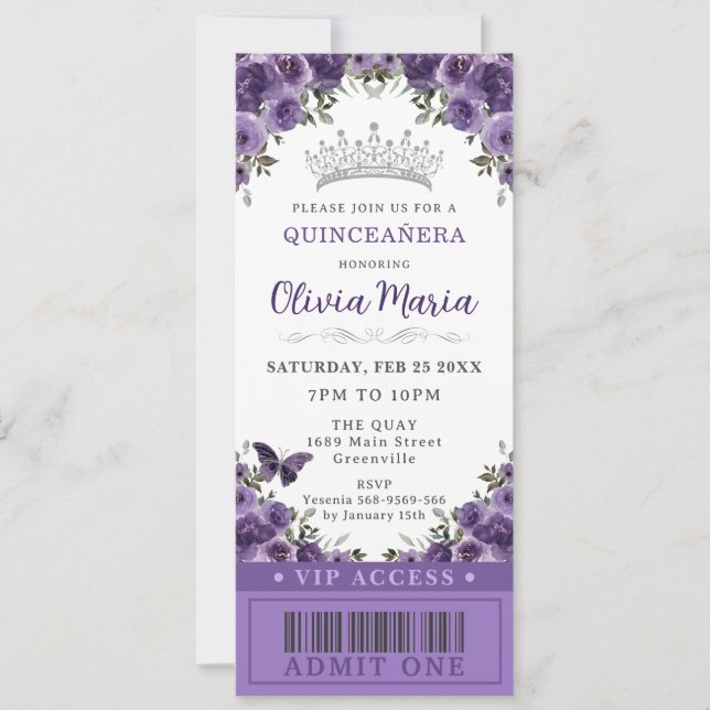 Invitación Billete VIP De Quinceañera Floral De Pluma Púrpura (Anverso)