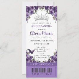 Invitación Billete VIP De Quinceañera Floral De Pluma Púrpura