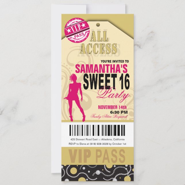 Invitación Billete VIP dulce 16 (fuschia khaki) (Anverso)