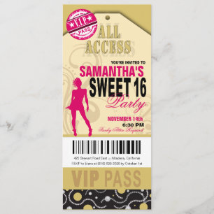 Invitación Billete VIP dulce 16 (fuschia khaki)