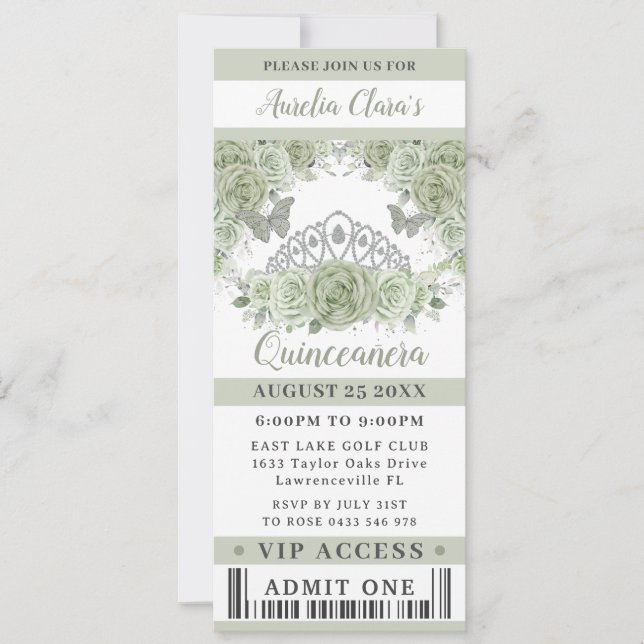 Invitación Billete VIP Sage Green Floral Crown Quinceañera (Anverso)