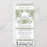 Invitación Billete VIP Sage Green Floral Crown Quinceañera<br><div class="desc">Personalice esta invitación de moda Quinceañera / Sweet 16 VIP estilo de boleto con sus detalles de fiesta fácil y rápidamente, simplemente pulse el botón personalizar it para reorganizar y formatear el estilo y la ubicación del texto. Con hermosos rosas verdes de salvia adornados con una corona de plata y...</div>