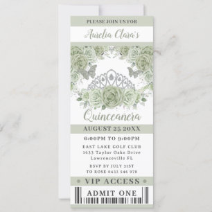 Invitación Billete VIP Sage Green Floral Crown Quinceañera