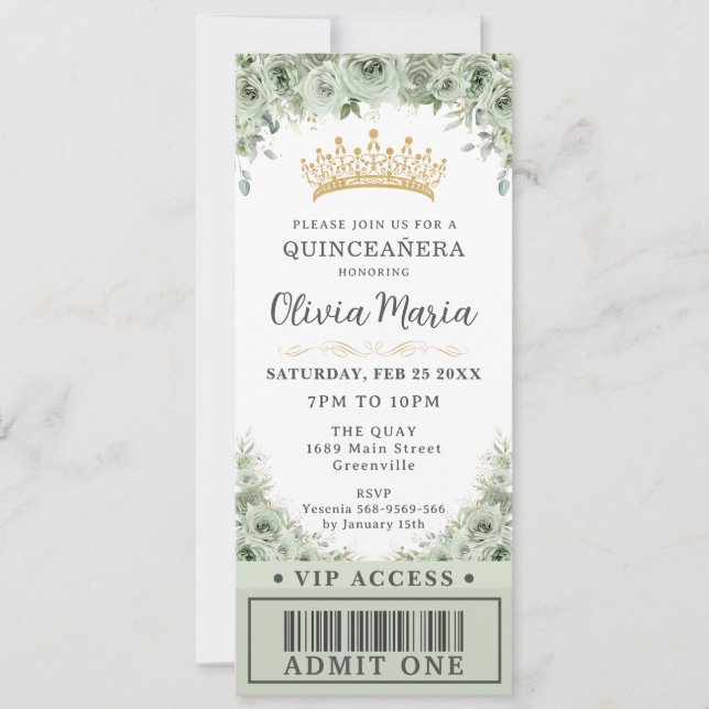 Invitación Billete VIP Sage Green Floral Rosa Gold Quinceañer (Anverso)
