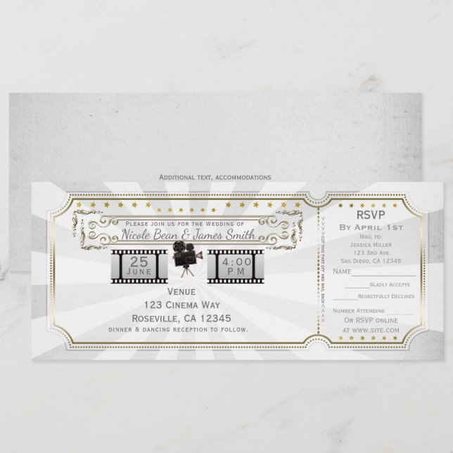 Invitación Billete y RSVP de Boda de cine blanco de oro (Anverso / Reverso)