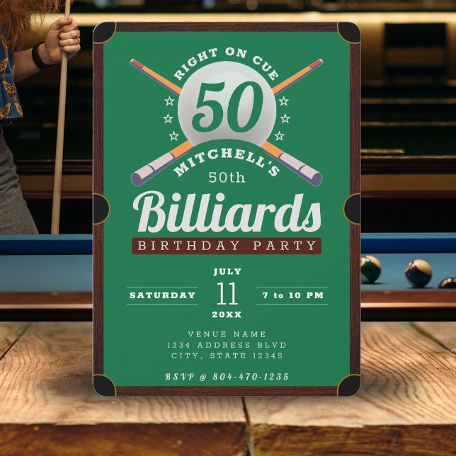 Invitación Billetes de billar Mesa de billar Fiesta de cumple (Pool Billiards 50th Birthday Party Green Invitation
)