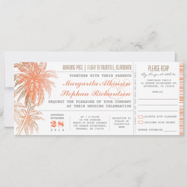 Invitación Billetes de bodas de destino tropical (Anverso)