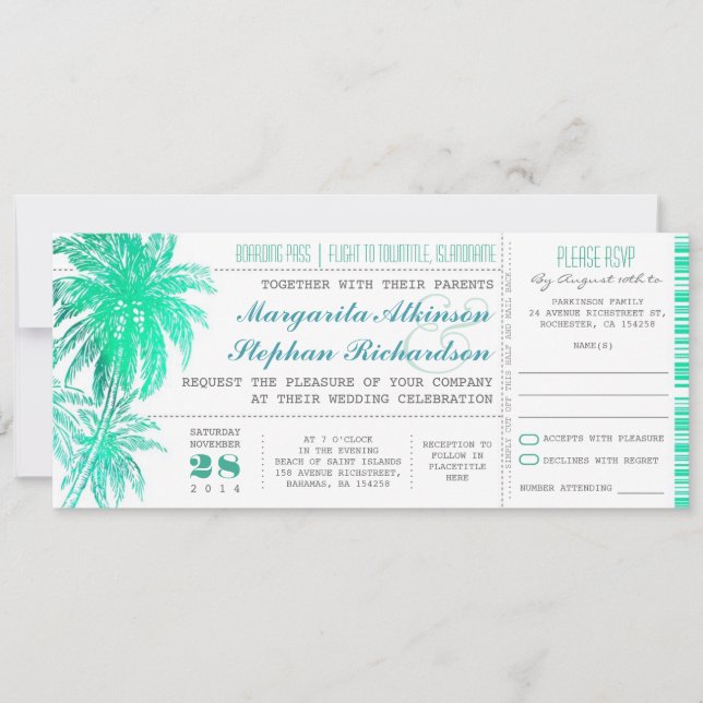Invitación Billetes de bodas en la playa verde azulada tropic (Anverso)