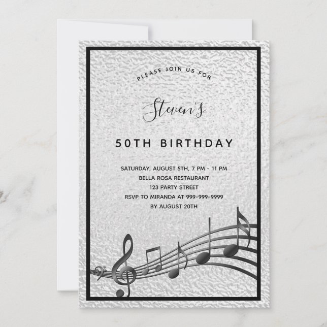 Invitación Billetes de cumpleaños de música negra de plata me (Anverso)