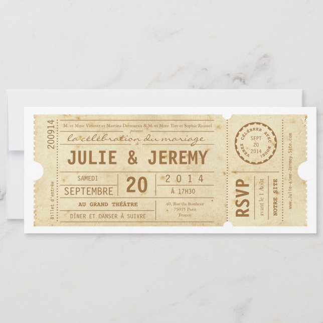 Invitación Billetes de Théâtre invitation de mariage de (Anverso)