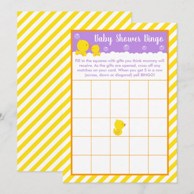 Invitación Bingo Baby Shower amarillo y morado de goma Ducky (Anverso / Reverso)