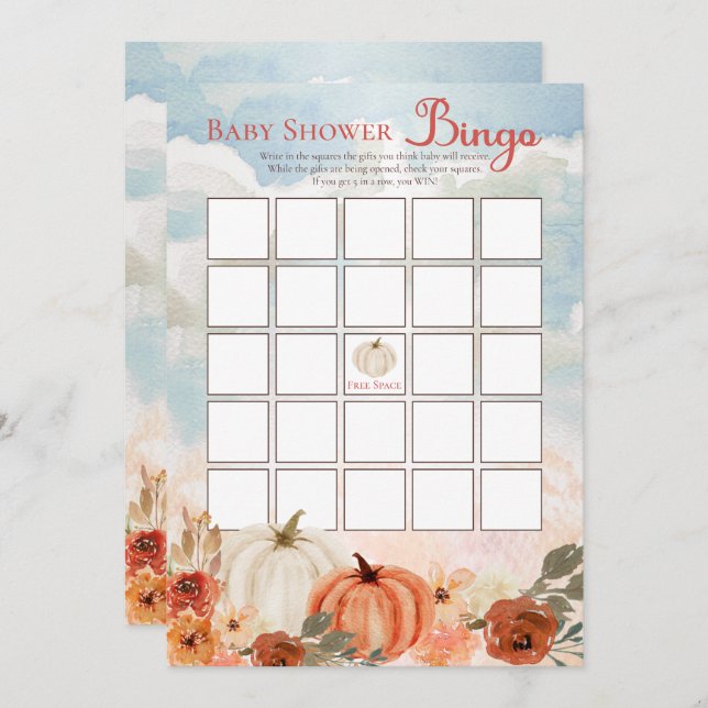 Invitación Bingo Baby Shower Chica floral de calabaza pequeña (Anverso / Reverso)