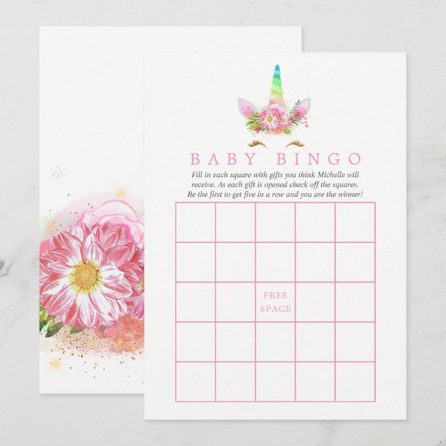 Invitación Bingo Baby Shower de Chica de arcoiris con flor ro (Anverso / Reverso)