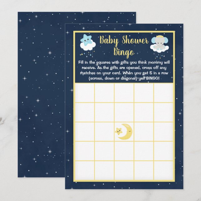 Invitación Bingo Baby Shower de elefante amarillo y marina (Anverso / Reverso)