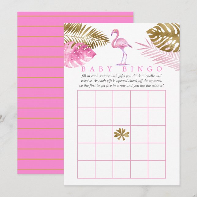 Invitación Bingo Baby Shower de flamenco tropical rosa y dora (Anverso / Reverso)
