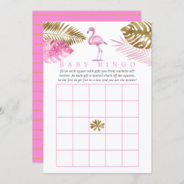 Invitación Bingo Baby Shower de flamenco tropical rosa y dora