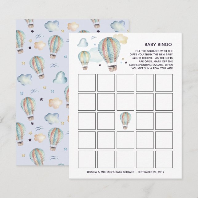Invitación Bingo Baby Shower de globo acuático de aire calien (Anverso / Reverso)