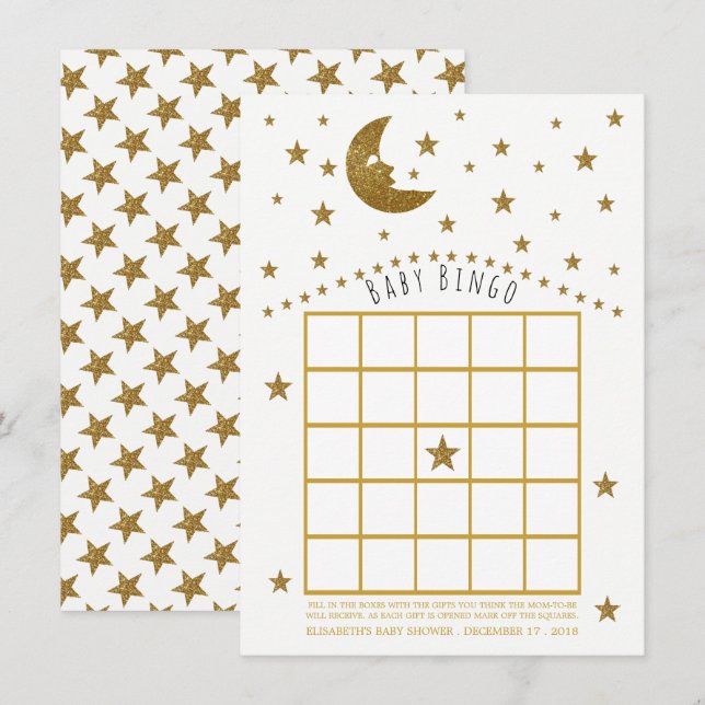 Invitación Bingo Baby Shower de Gold Moon y Stars (Anverso / Reverso)