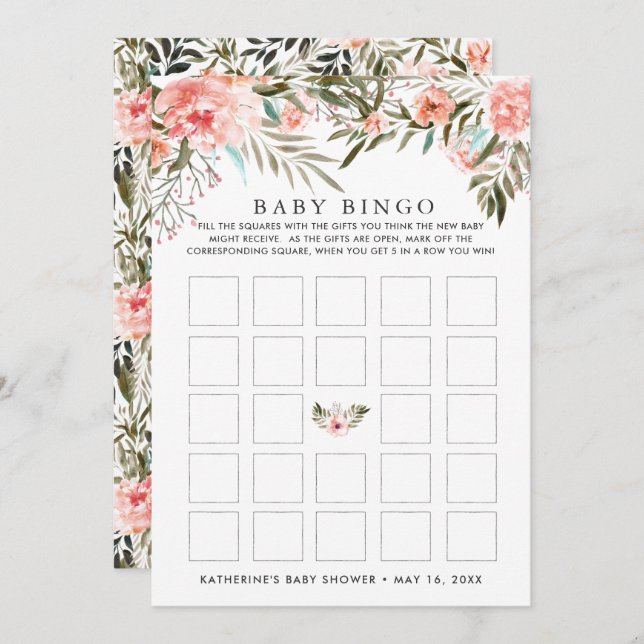Invitación Bingo Baby Shower Floral de verano con besos solar (Anverso / Reverso)