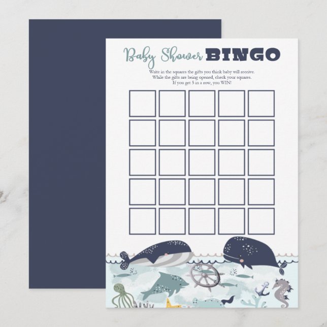 Invitación Bingo Baby Shower, tema de Blue Under Sea Ocean (Anverso / Reverso)