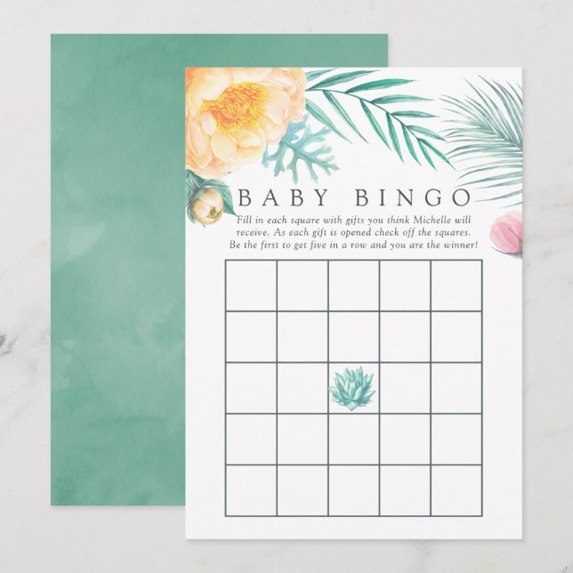 Invitación Bingo Baby Shower Tropical Mint Floral Summer (Anverso / Reverso)