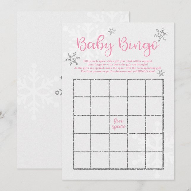 Invitación Bingo bebé de copo de nieve rosa y plata de invier (Anverso / Reverso)