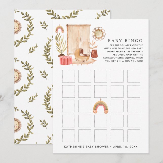 Invitación Bingo de Baby Shower Boho Neutral en Género (Anverso / Reverso)