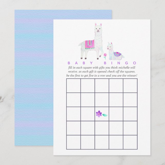 Invitación Bingo de Baby Shower con tema de Llama de acuarela (Anverso / Reverso)