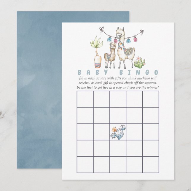 Invitación Bingo de Baby Shower con tema de Llama de acuarela (Anverso / Reverso)