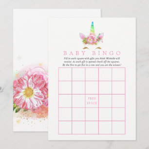 Invitación Bingo de Baby Shower de Niña Unicornio Arcoíris Fl