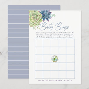 Invitación Bingo de Baby Shower de Suculentas Acuarela