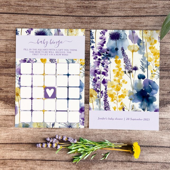 Invitación Bingo de bebé de flores silvestres acuarela amaril (Celebrate your mama-to-be moment in full bloom with this elegant wildflower design. )