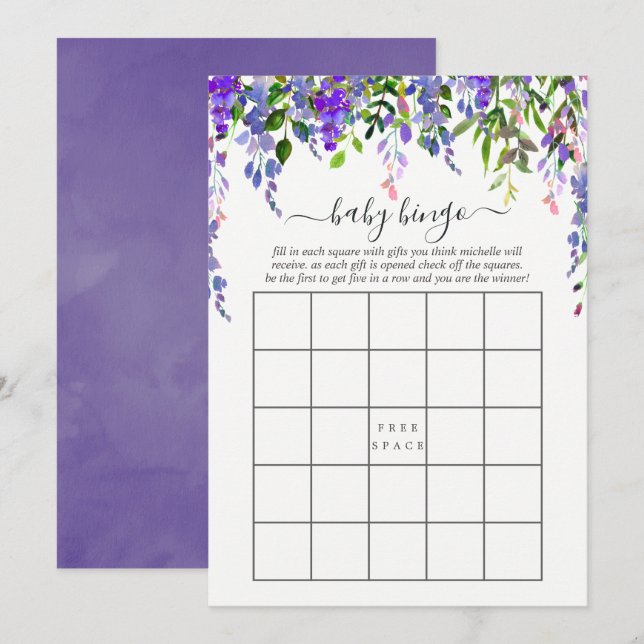 Invitación Bingo de bebé floral de acuarela ultravioleta (Anverso / Reverso)