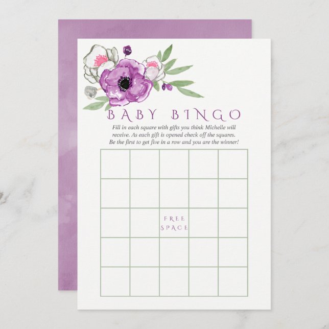 Invitación Bingo de Bebé Floral Violet and Sage Baby Shower (Anverso / Reverso)