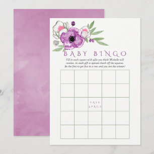 Invitación Bingo de bebé para baby shower con violeta floral 