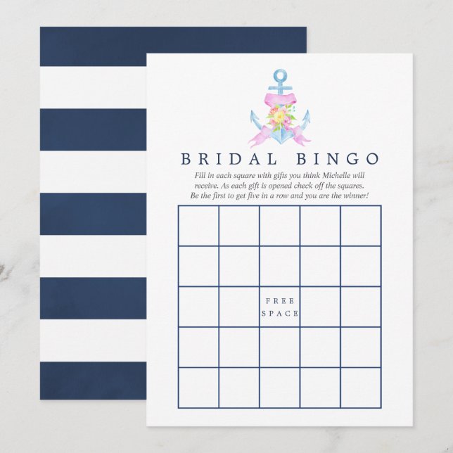 Invitación Bingo de Despedida de Soltera Floral Náutico Acuar (Anverso / Reverso)