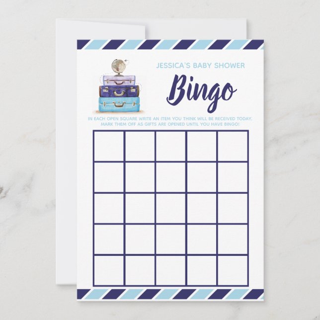 Invitación Bingo de ducha de bebé Juego temático de viajes az (Anverso)