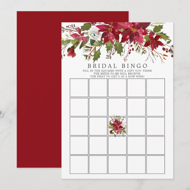 Invitación Bingo de ducha de novia de Red Poinsettia Holly (Anverso / Reverso)