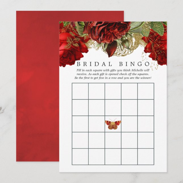 Invitación Bingo de ducha de novia rojo y oro de Borgoña (Anverso / Reverso)